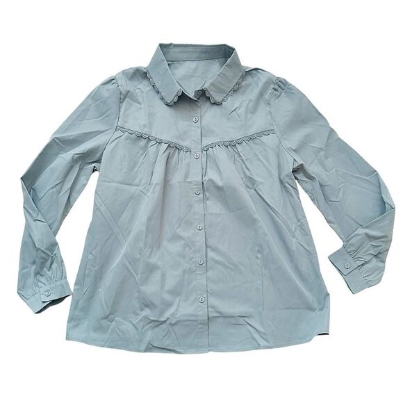 🔴2 for 60🔴 blouse button up long-sleeve blue gray pleated lace trim size M. - Picture 3 of 16